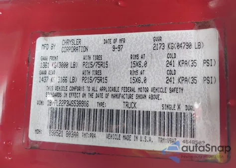 1998 Dodge Dakota Slt/Sport z USA, uszkodzony, nr VIN 1B7FL22P3WS538986